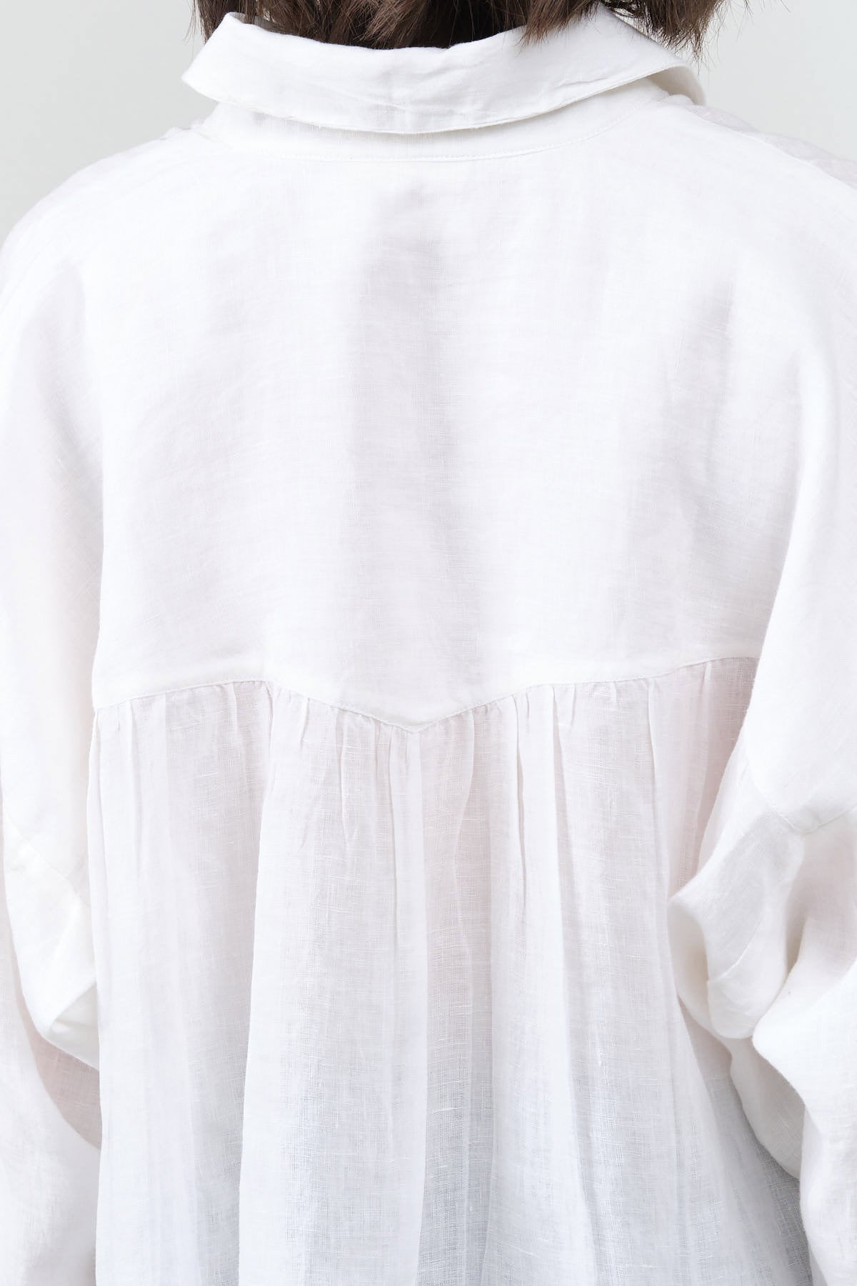 Kyoto Blouse Button Up with Collar in Bright White Linen with Back Gathering