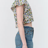 Mirth V Neck Naples Top with Short Ruffle Sleeve and Cropped in Taffy Purple and White Print