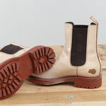 Moma Shoes Designer Brand England Tronchetto Donna Boots in Sabbia Tan Brown with Distressing and Red Soles