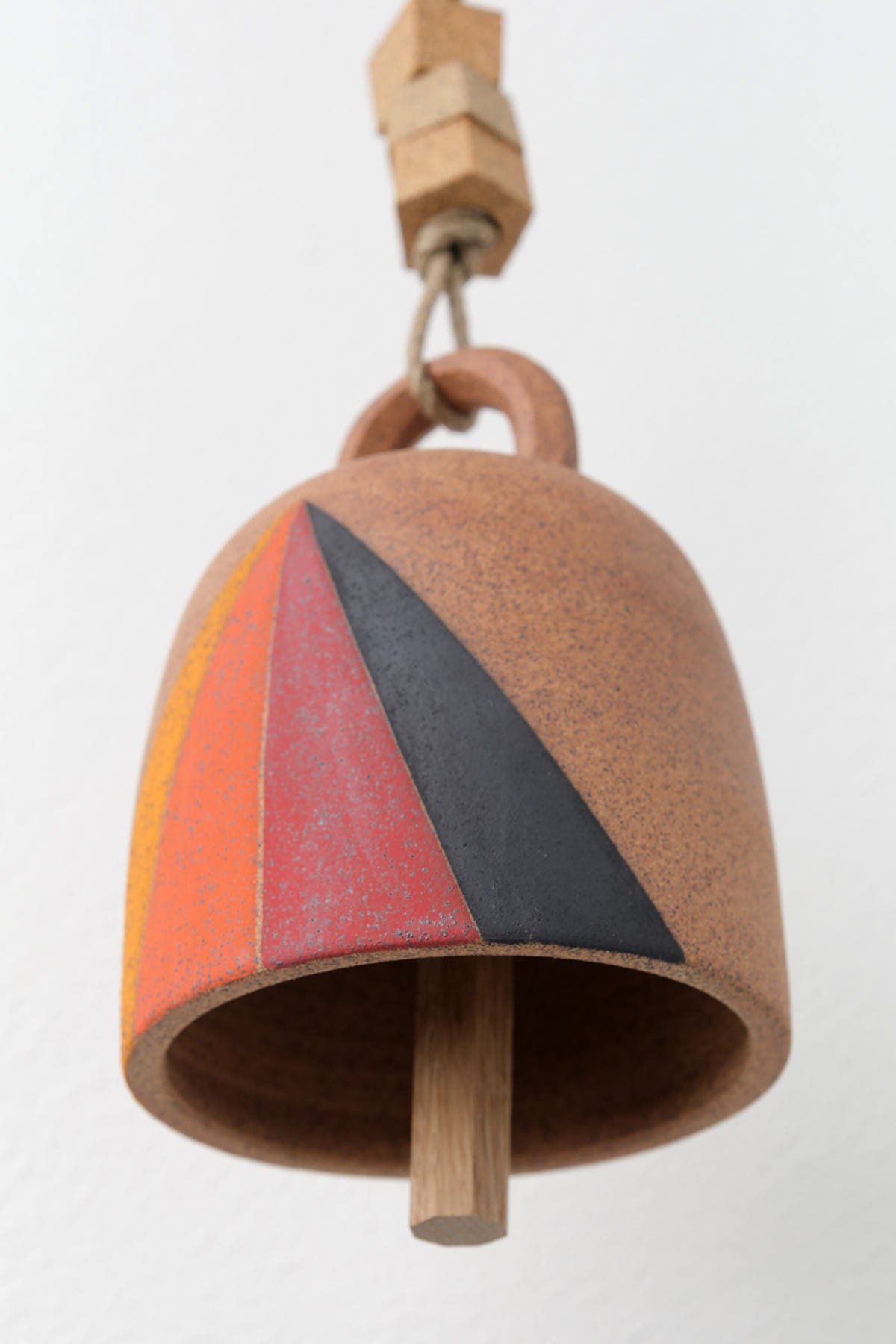 MQuan Ceramic Small Round Thrown Bell in Tucker Prism Design Hanging from Rope 