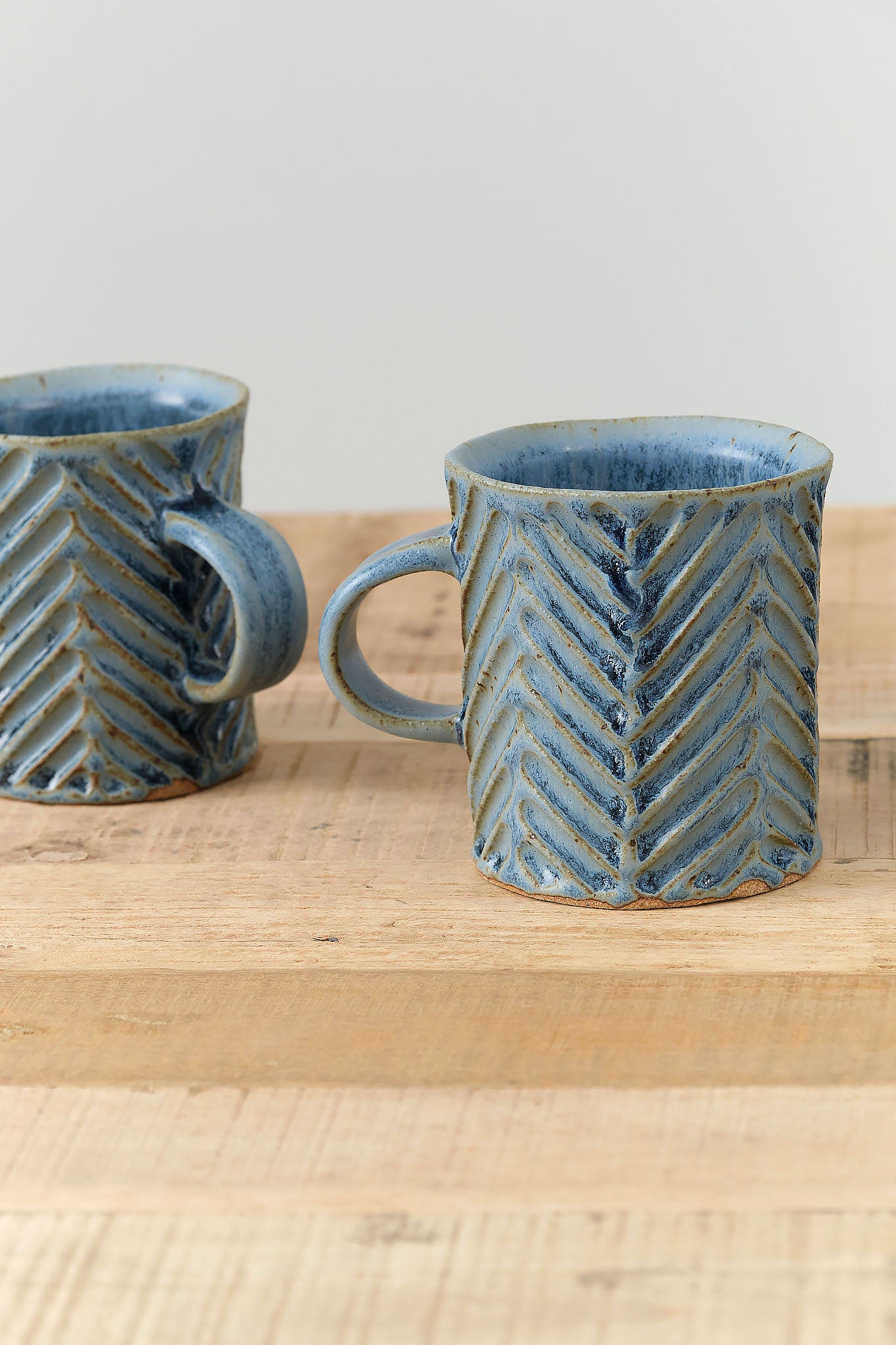 Handmade Carved Chevron Mug Ceramic in Blue Glaze by Mt. Washington Pottery 