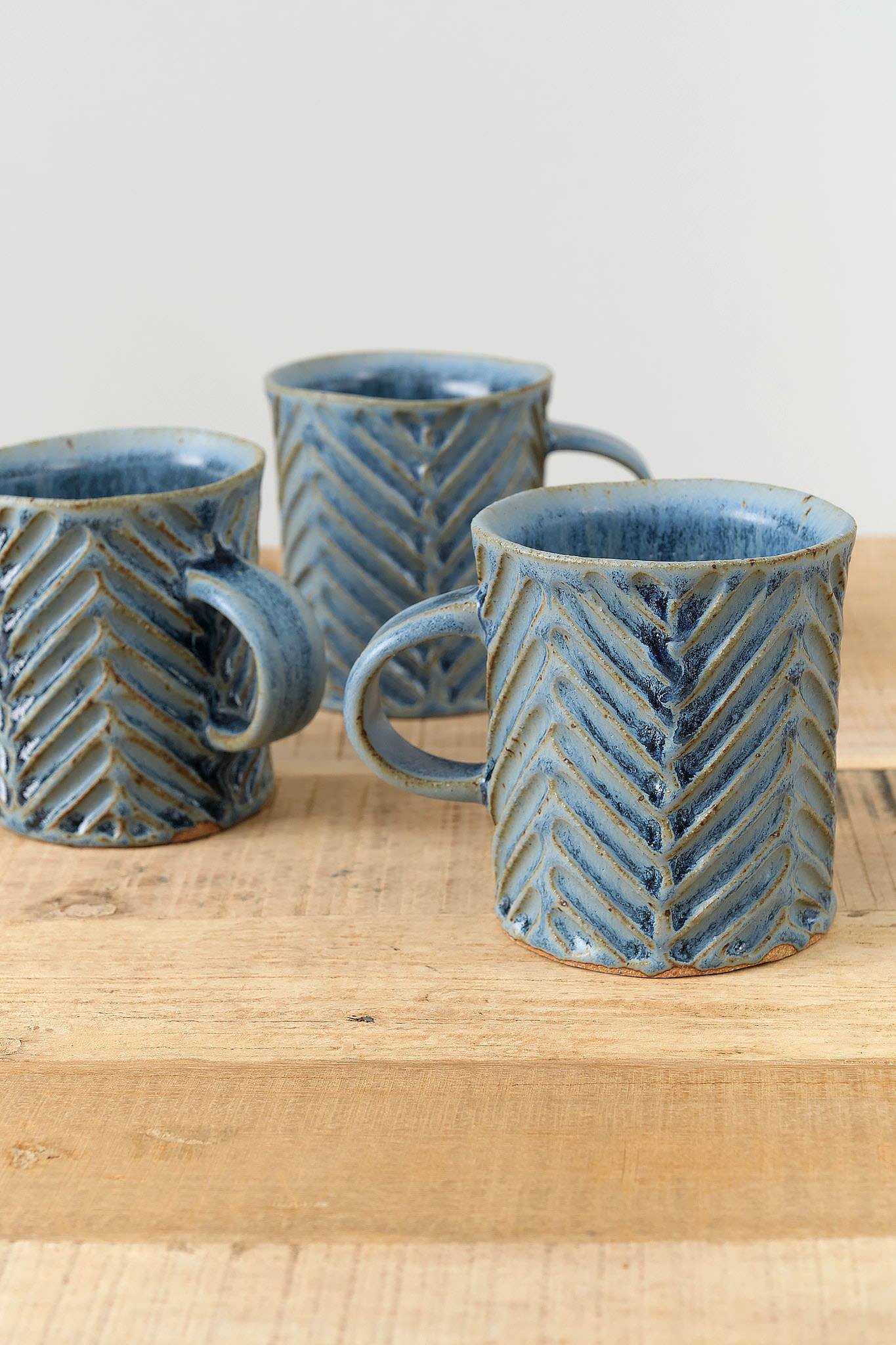 Blue Glaze Handmade Carved Chevron Mug Ceramic by Mt. Washington Pottery 