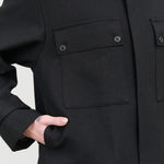 Black Button up Bear Wool Slick Female Jacket with Cuff Straps by Nicholson and Nicholson Designer Brand 