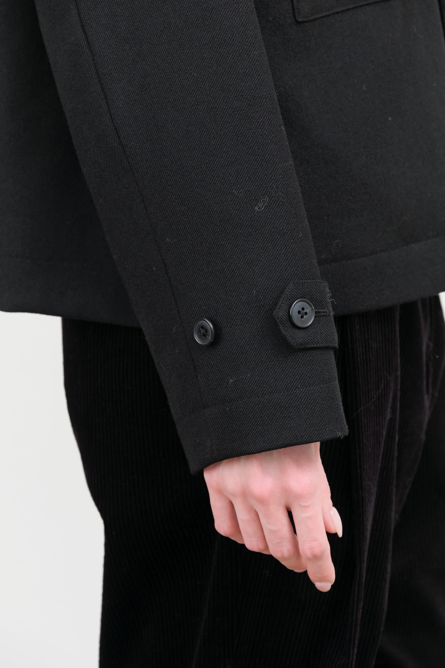 Button up Bear Wool Slick Female Jacket with Cuff Straps in Black by Nicholson and Nicholson Designer Brand 