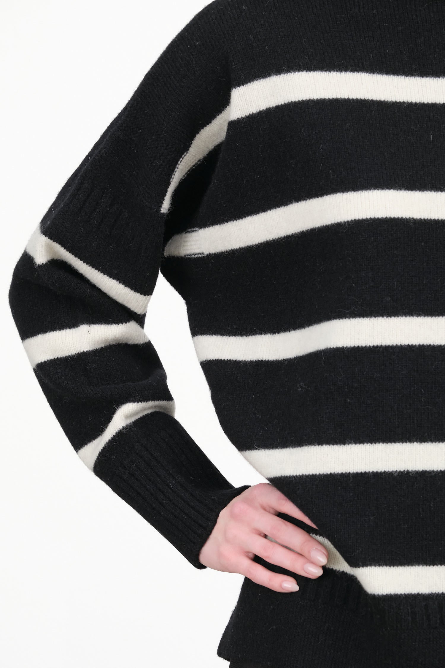 Long Sleeve Heriot Sweater Top in Black and White Stripes by Nicholson and Nicholson Designer Brand 