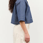 Nicholson and Nicholson Designer Brand Cropped Button Up Blouse Roma Top in Denim Blue