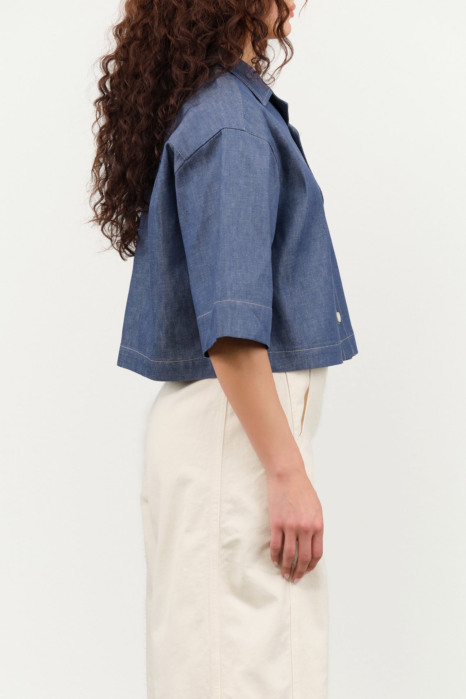 Nicholson and Nicholson Designer Brand Cropped Button Up Blouse Roma Top in Denim Blue