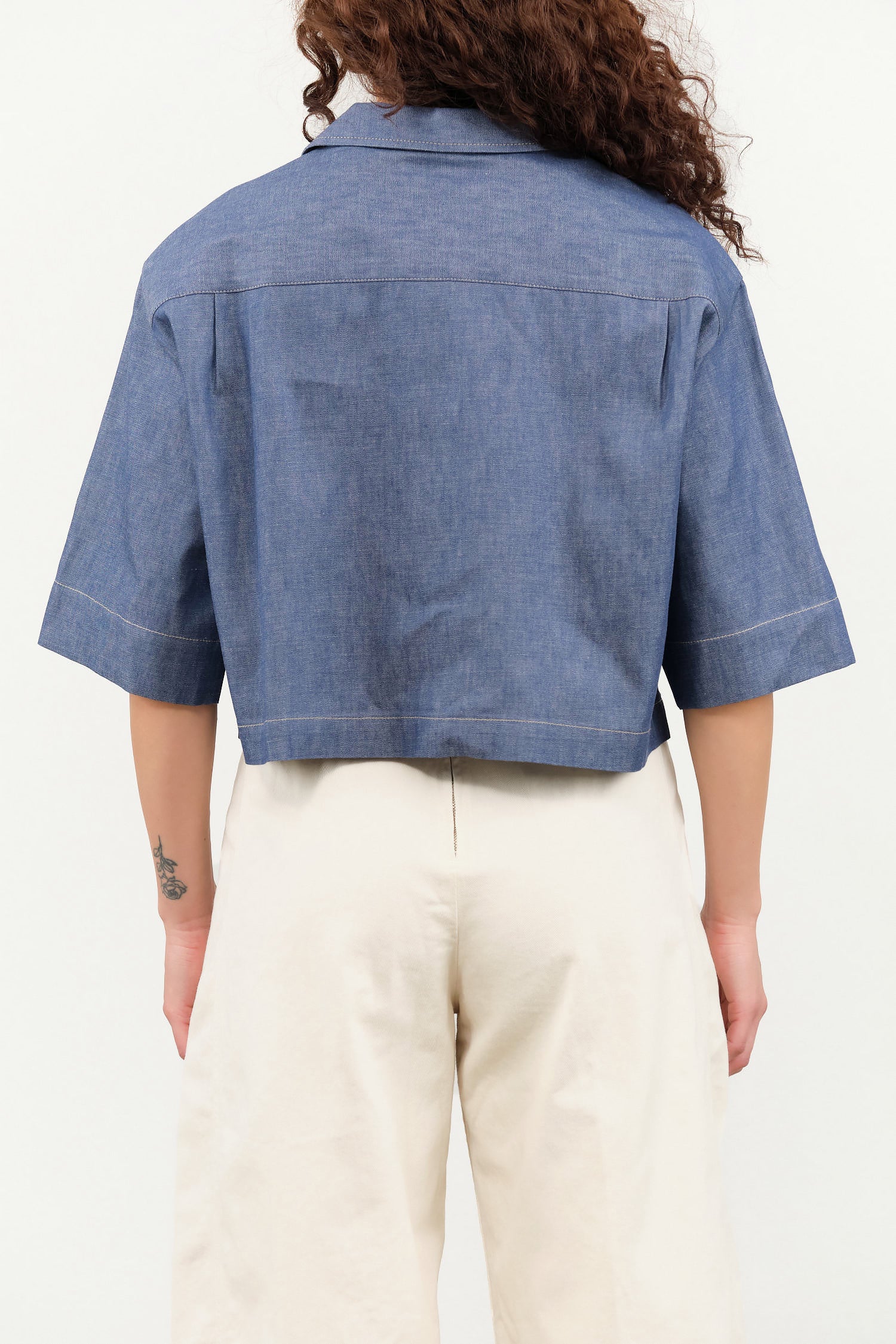 Denim Blue Cropped Button Up Blouse Roma Top by Nicholson and Nicholson Designer Brand