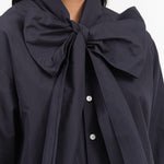 Nicholson and Nicholson Designer Brand Button Up Blouse Rose Top with Scarf Neck Tie in Navy Dark Blue