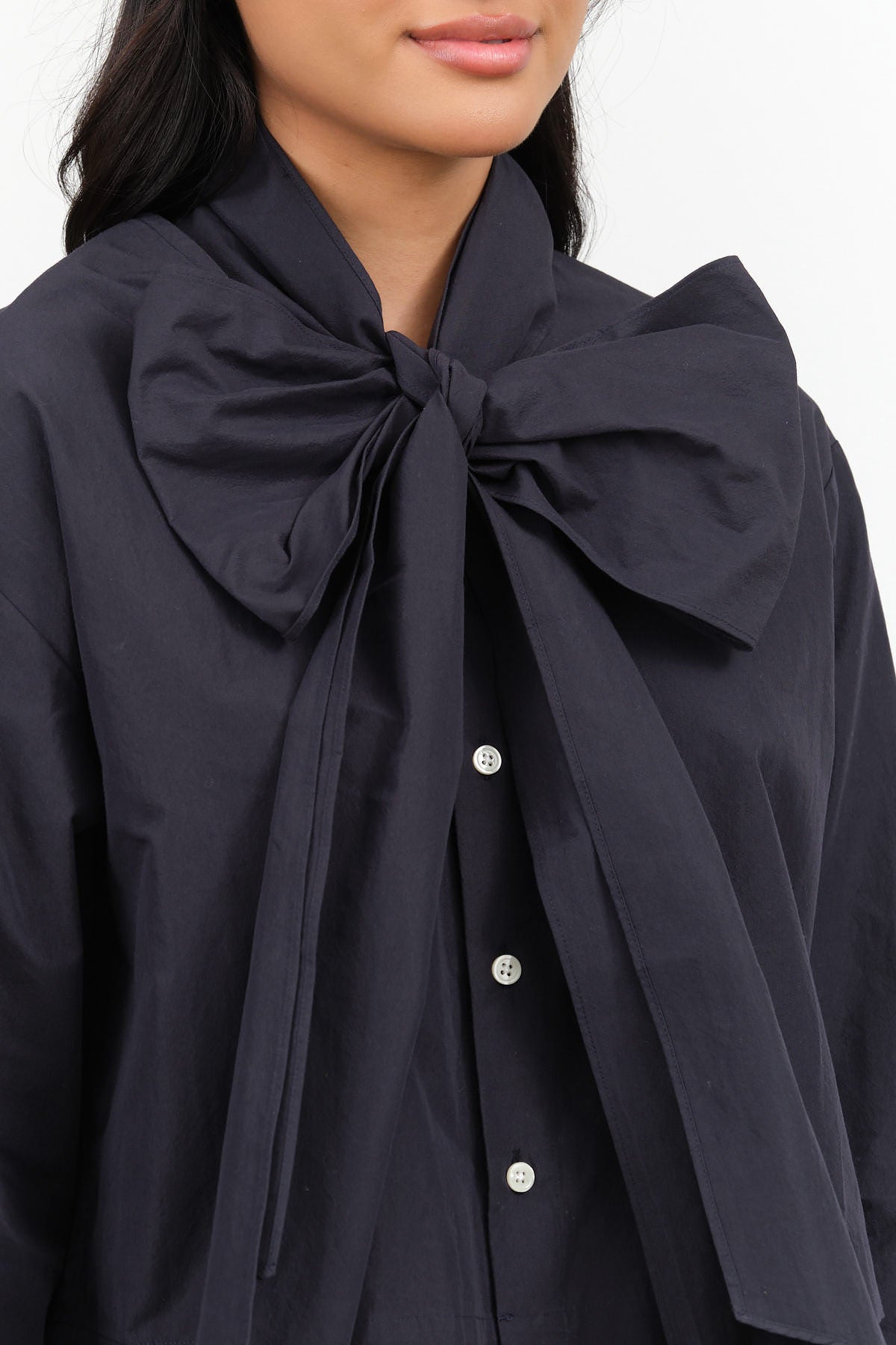 Nicholson and Nicholson Designer Brand Button Up Blouse Rose Top with Scarf Neck Tie in Navy Dark Blue