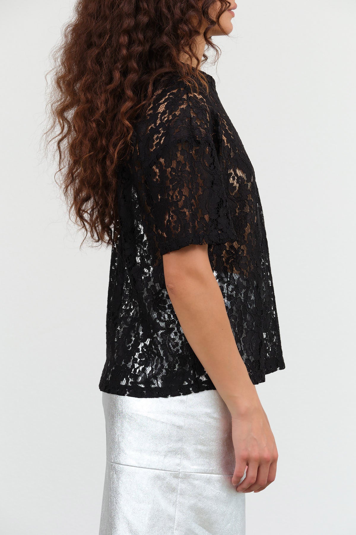 No. 6 Designer Brand Short Sleeve Ada Tee Embroidered in Black Lace 