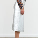 No. 6 High Waisted Aimee Denim Midi Skirt in Metallic Silver