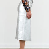 No. 6 High Waisted Aimee Denim Midi Skirt in Metallic Silver