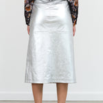 High Waisted Aimee Denim Midi Skirt in Metallic Silver by No. 6 Designer Brand