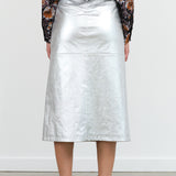 High Waisted Aimee Denim Midi Skirt in Metallic Silver by No. 6 Designer Brand