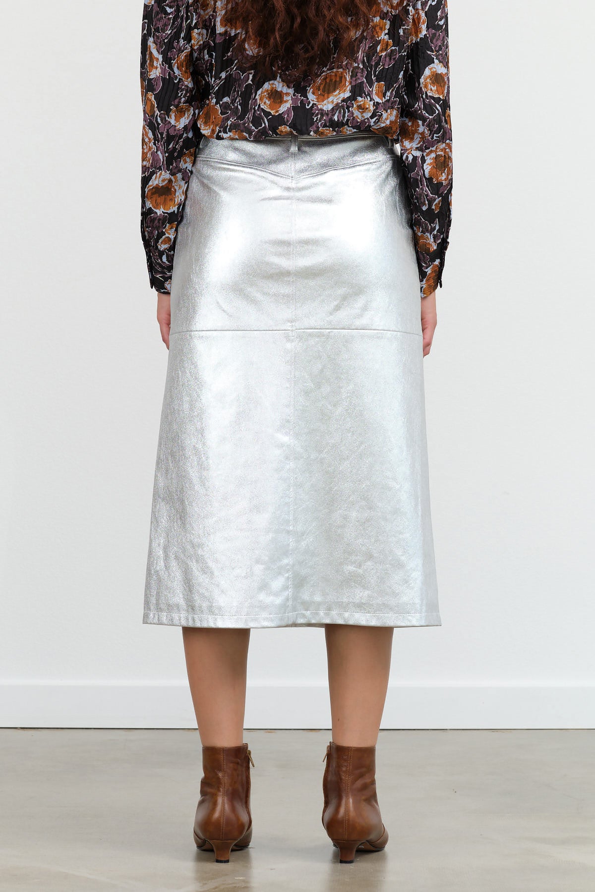 High Waisted Aimee Denim Midi Skirt in Metallic Silver by No. 6 Designer Brand