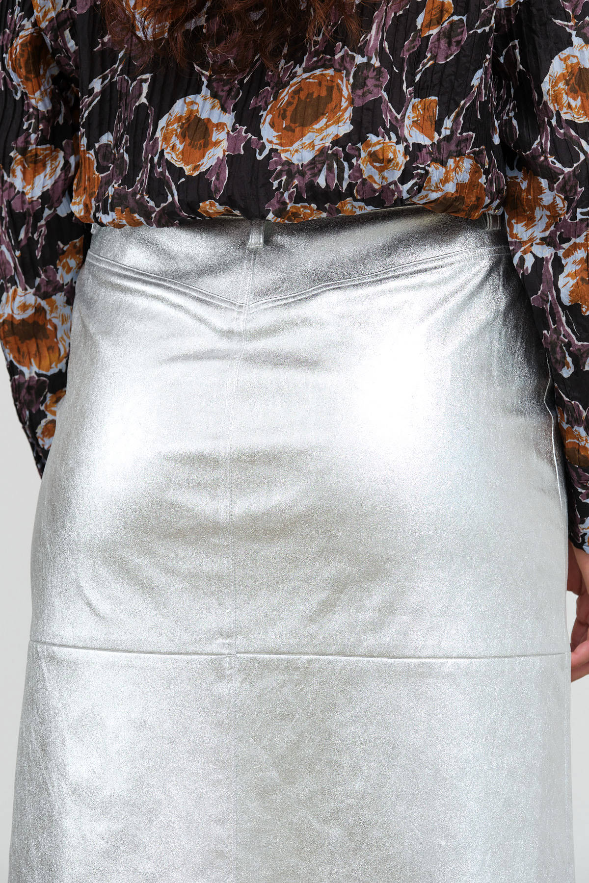 Metallic Silver High Waisted Aimee Denim Midi Skirt by Designer Brand No. 6 