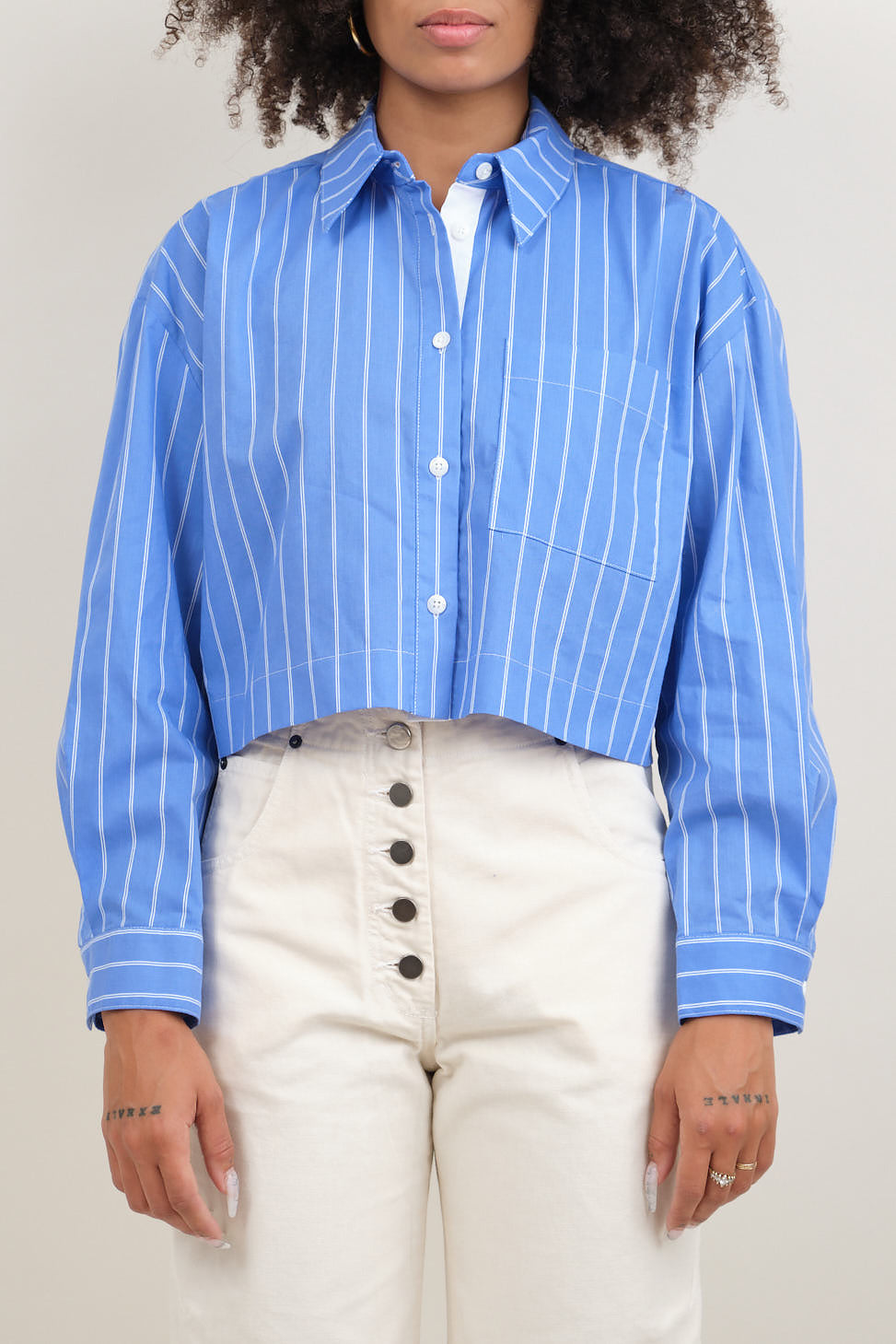 Front of Ava Top in Blue/White Stripe