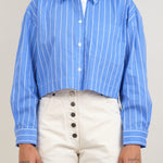 Front of Ava Top in Blue/White Stripe