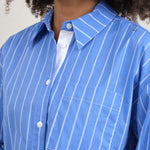 Front pocket on Ava Top in Blue/White Stripe