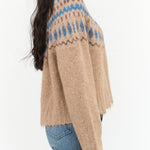 No. 6 Designer Brand Long Sleeve Crewneck Wool Cardiff Sweater in Camel and Blue Design 