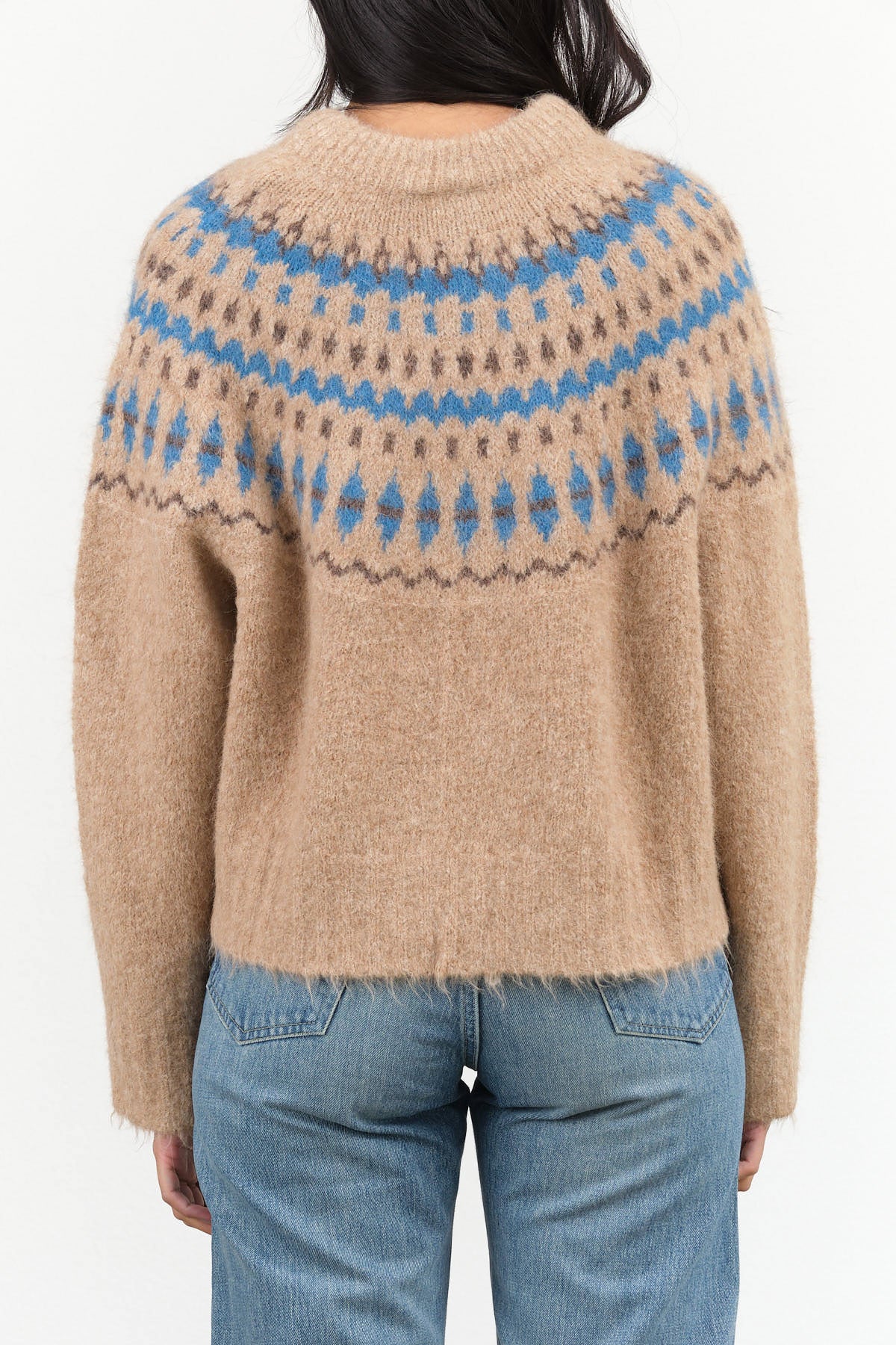 Long Sleeve Crewneck Wool Cardiff Sweater in Camel and Blue Design by No. 6 Designer Brand 