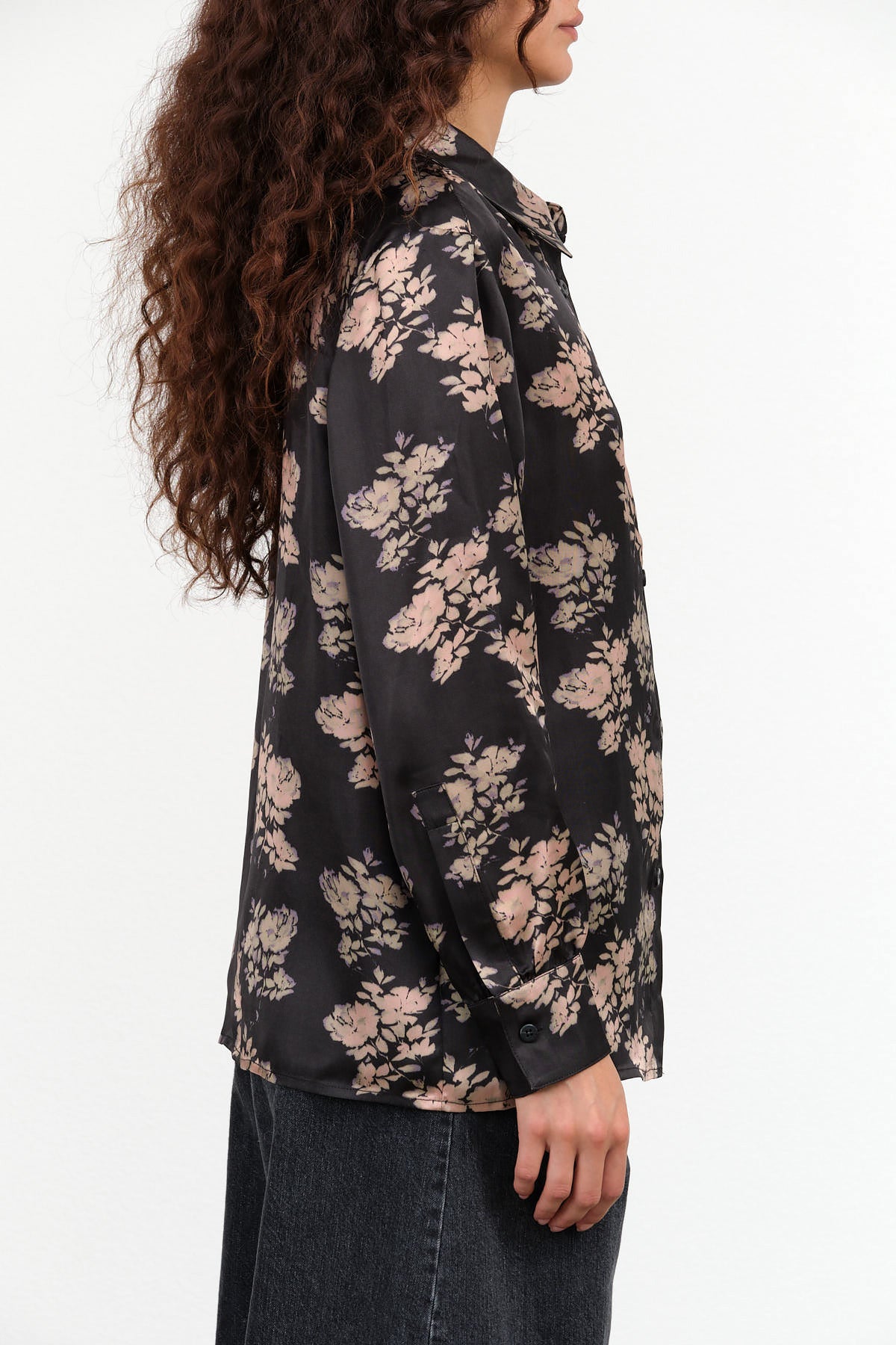 No. 6 Designer Brand Silk Cullen Button Up Shirt Blouse in Black Shadow Floral Print