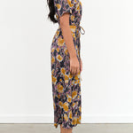 No 6 Designer Brand Short Sleeve Lola Midi Dress with Waist Tie in Gold Roses Print