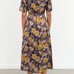 No 6 Designer Brand Gold Roses Print Short Sleeve Lola Midi Dress with Waist Tie