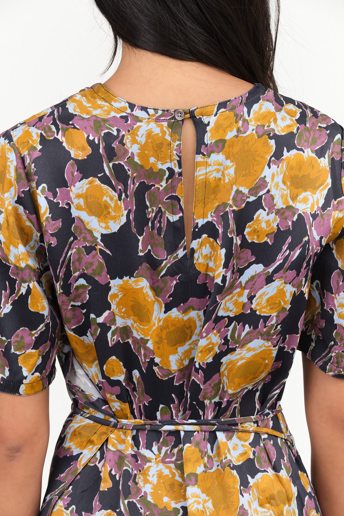 Gold Roses Print Short Sleeve Lola Midi Dress with Waist Tie by No 6 Designer Brand 