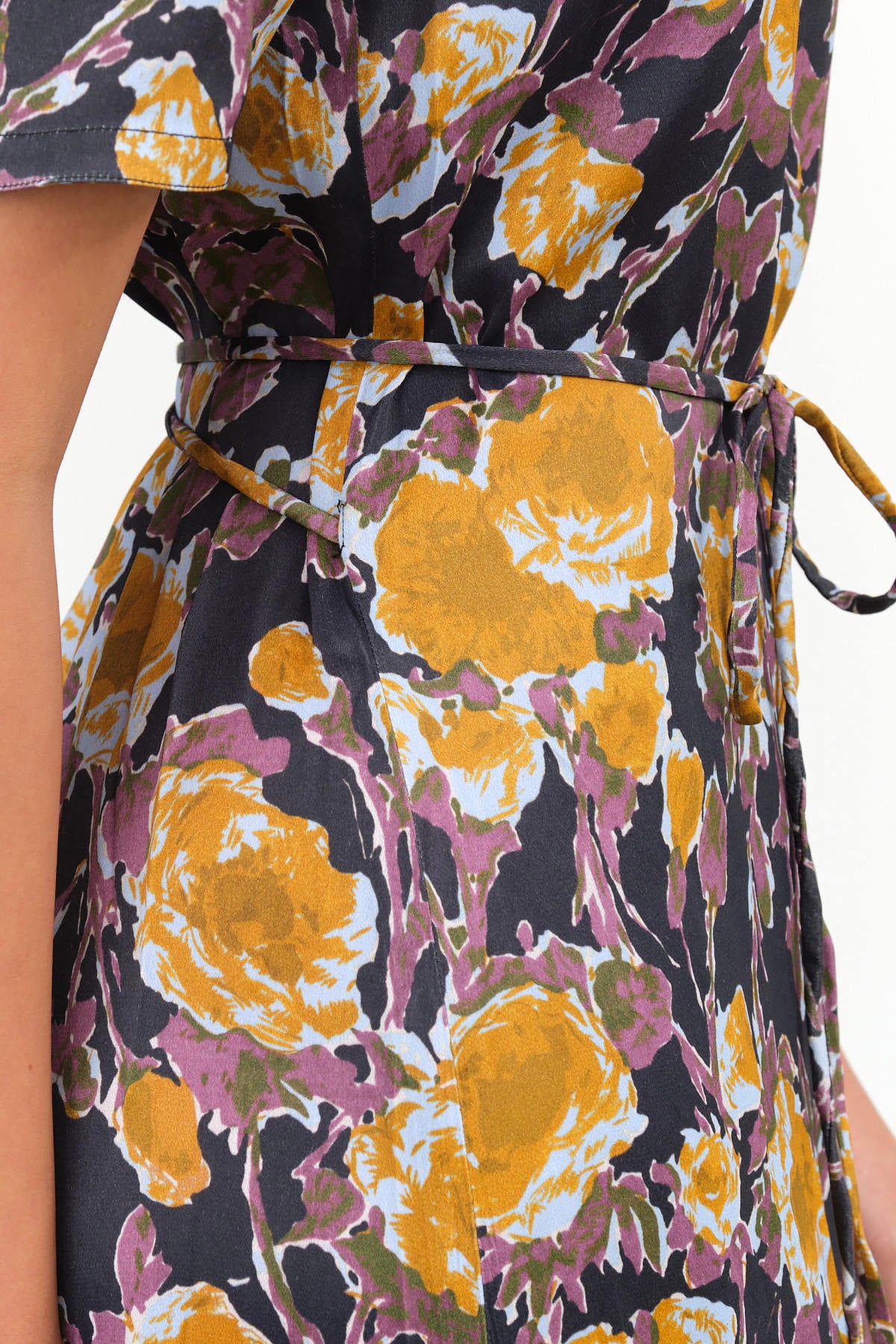 Short Sleeve Lola Midi Dress with Waist Tie in Gold Roses Print by No 6 Designer Brand 