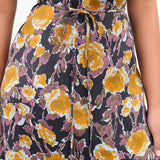 No 6 Designer Brand Gold Roses Print Short Sleeve Lola Midi Dress with Waist Tie