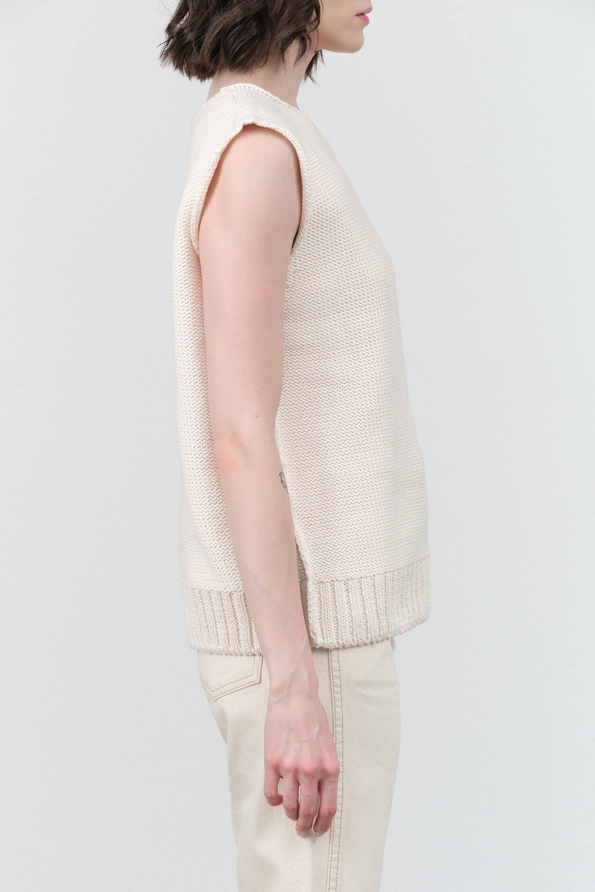 Catalina Top in Soft White Tan with Think Ribbed Hem Sweater Vest by NSF