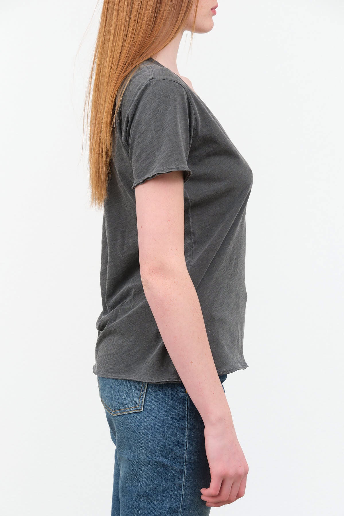 Side view of Cora V Neck Tee in Pigment Black