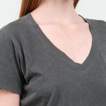 Collar view of Cora V Neck Tee in Pigment Black