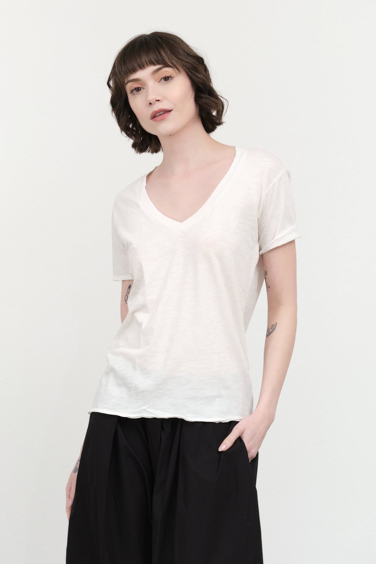 Styled Cora V Neck Tee in Soft White