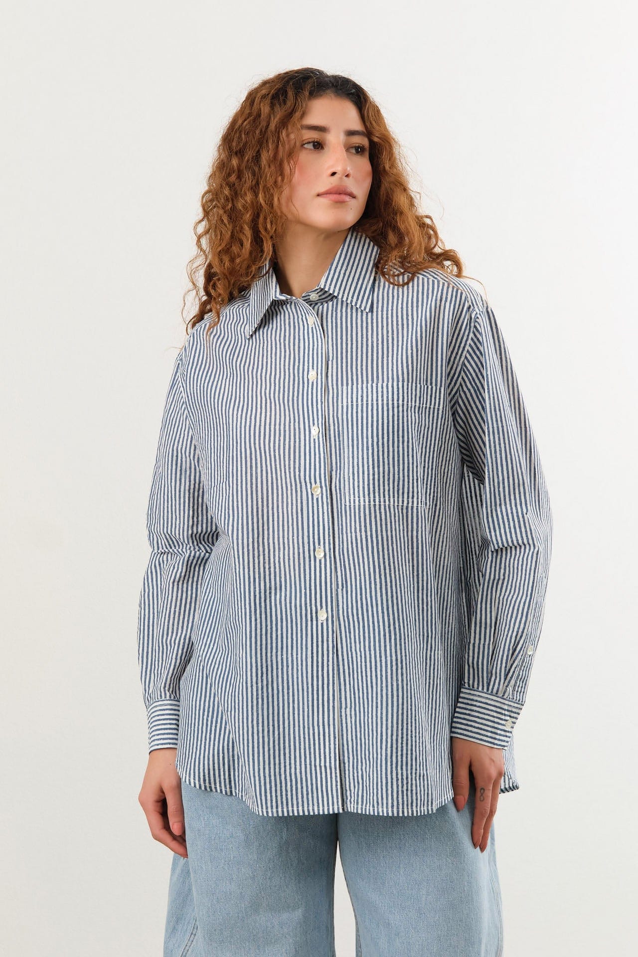 Nymane Apparel Womens Blouses Chris Shirt in Block Print Stripe