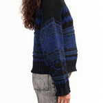 Nymane Designer Brand Nadia Jacquard Long Sleeve Turtleneck Sweater in Black and Blue Wool