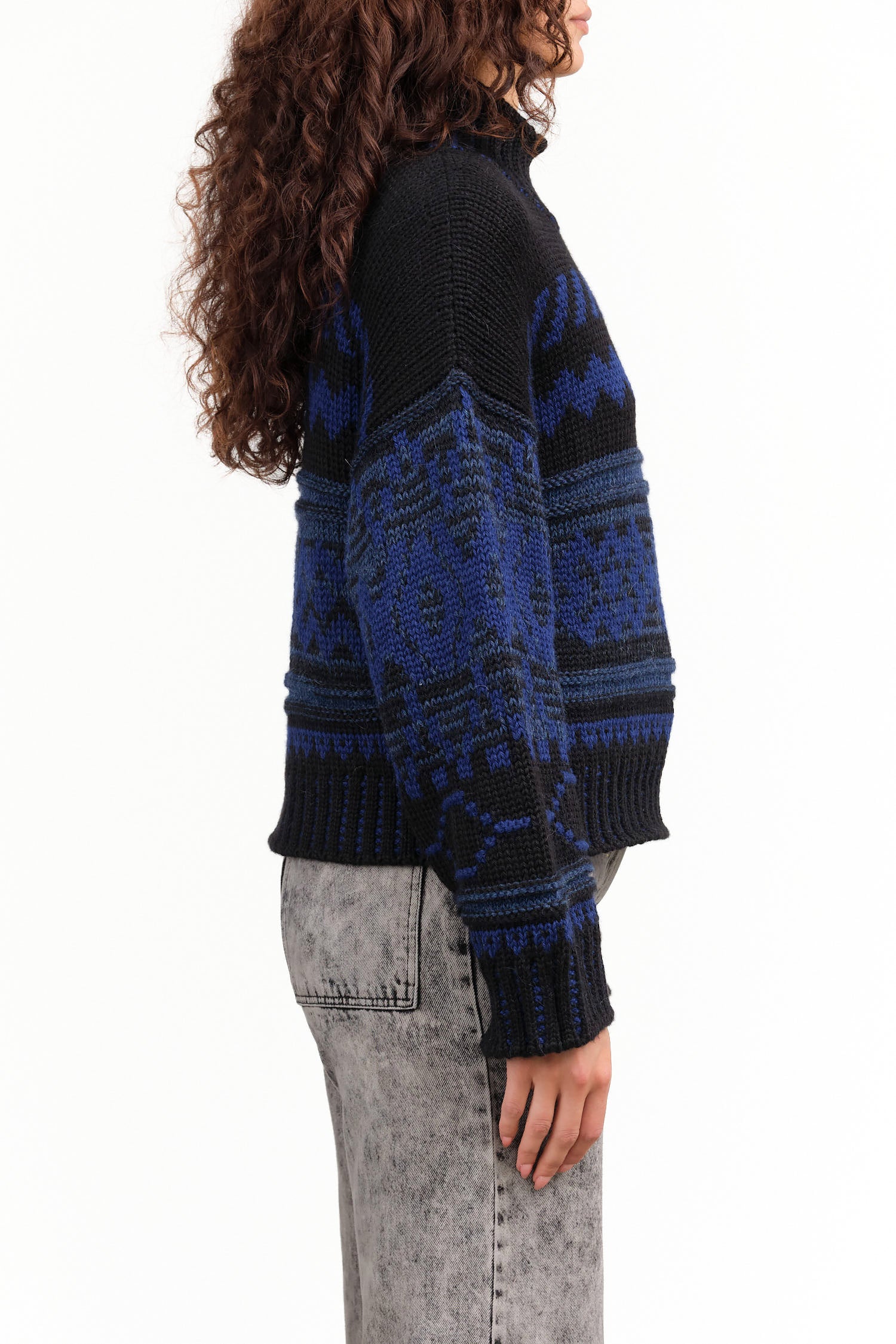 Nymane Designer Brand Nadia Jacquard Long Sleeve Turtleneck Sweater in Black and Blue Wool