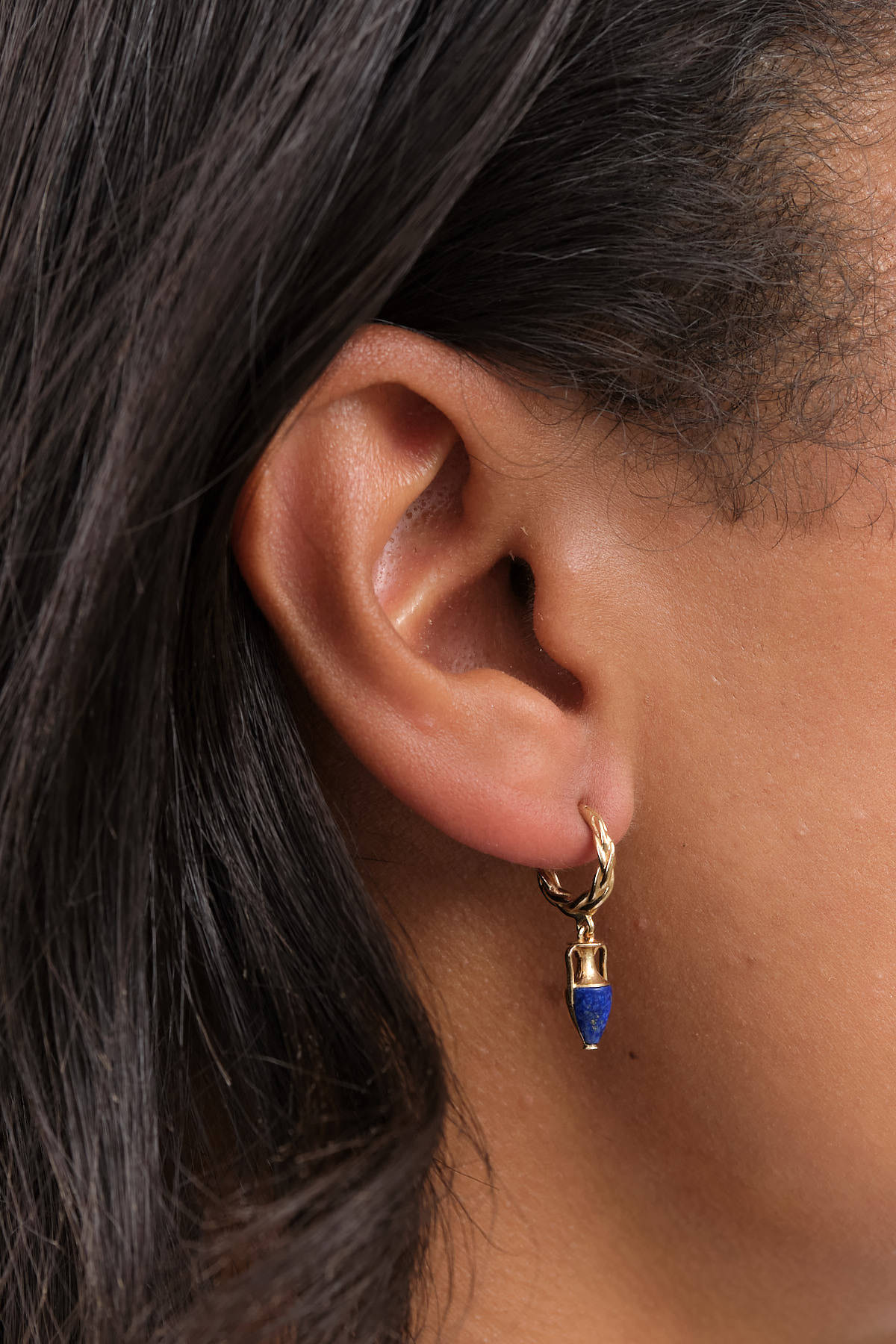 Inlay Vessel Huggie Earring with Blue Lapis and Gold by Designer Pamela Love