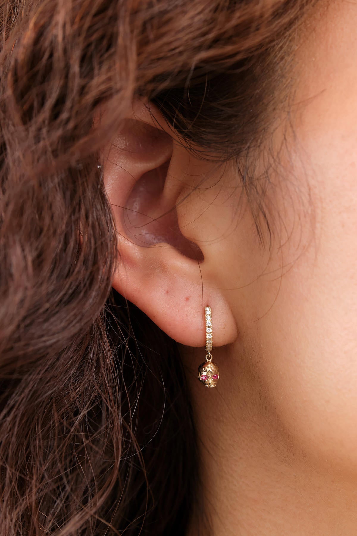 Pave Memento Mori Huggie Earrings with Diamonds and Ruby by Designer Pamela Love