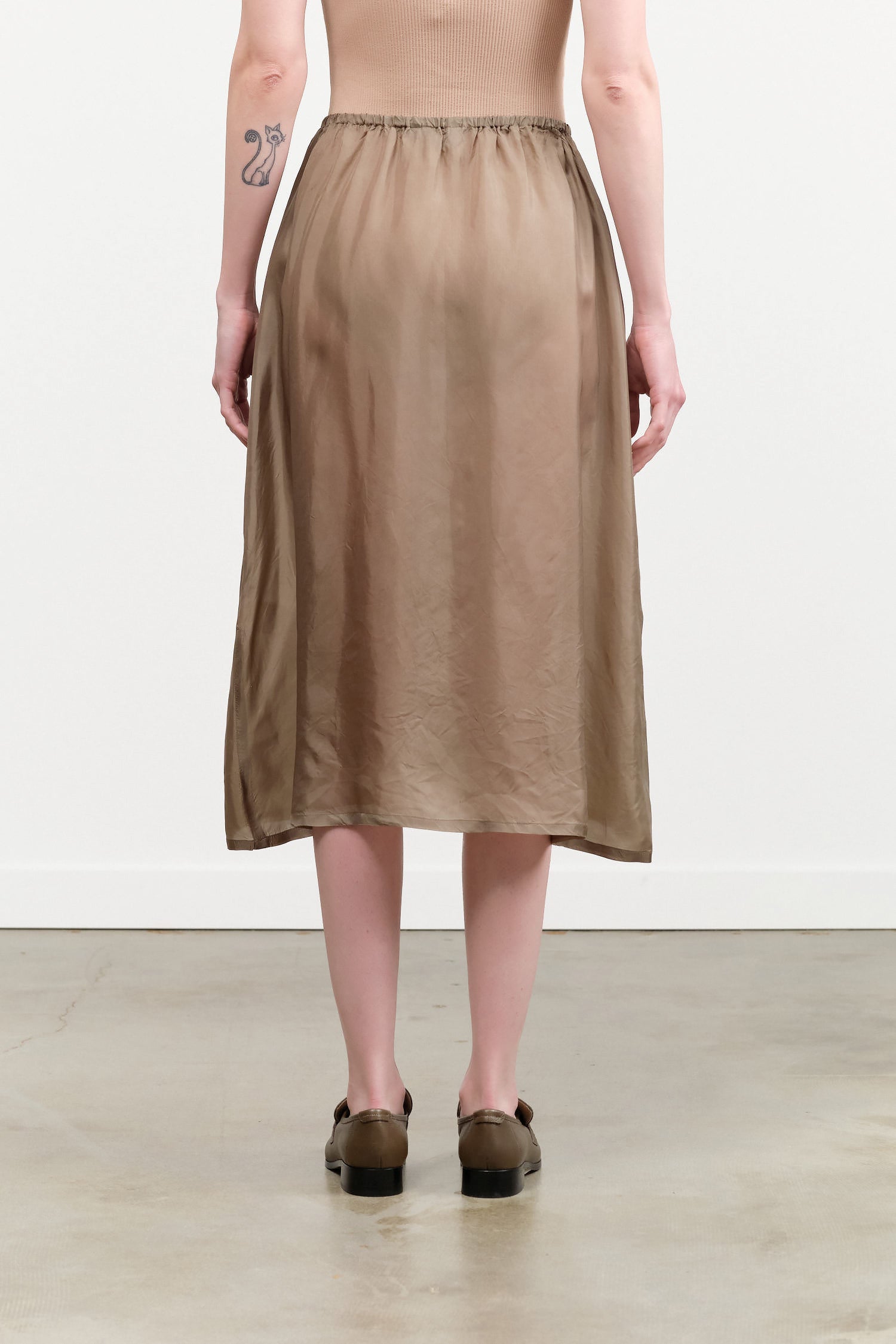 Bemberg Taffeta Slip Under Midi Skirt with Elasticated Waistband in Khaki Green by Pas de Calais Designer Brand 