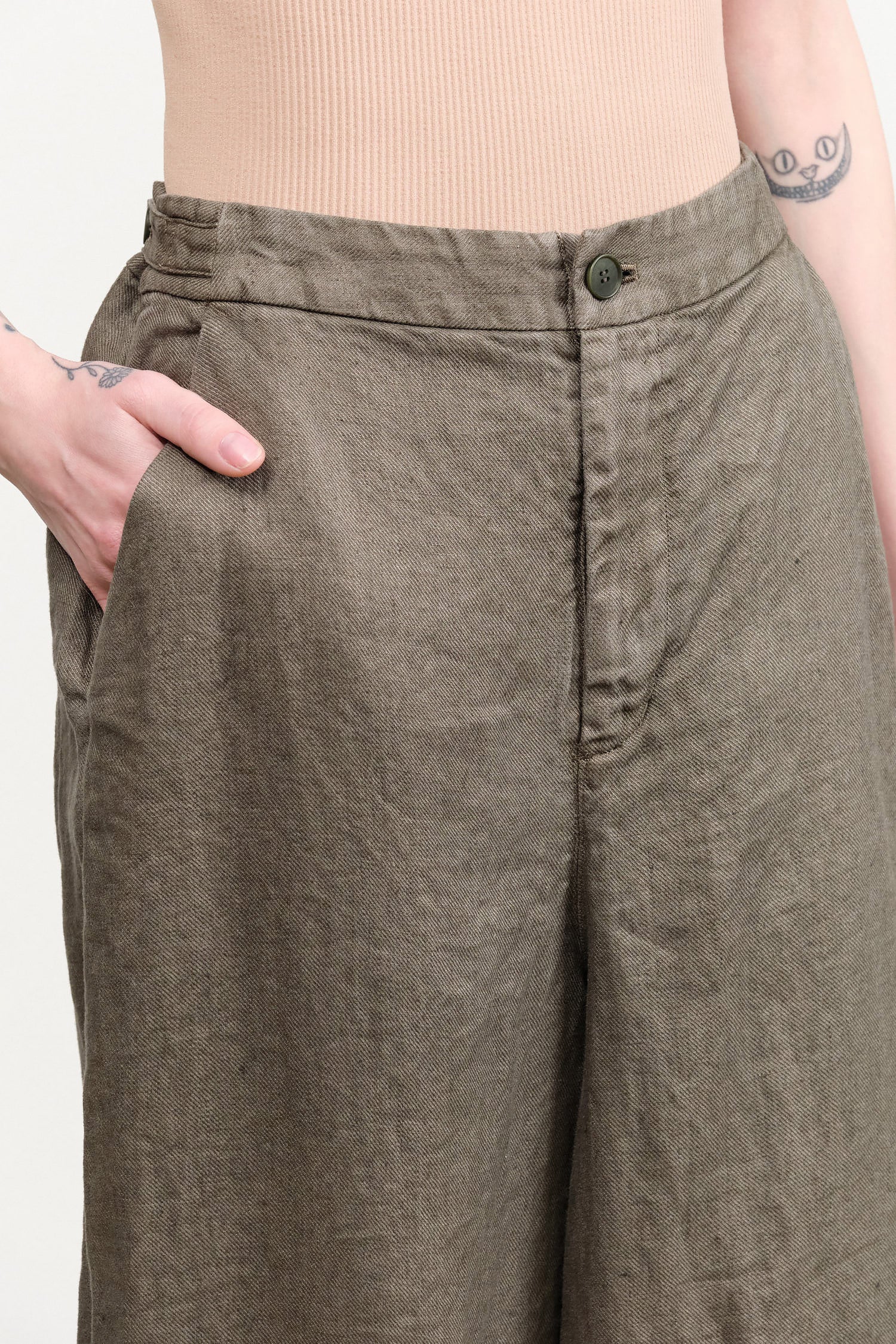 Khaki Linen Twill Wide Pants by Pas de Calais