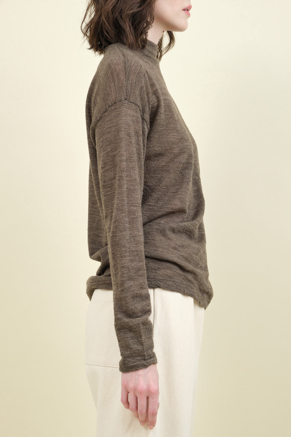 Side of Wool Gauze High Neck Long Sleeve Pullover in Beige