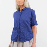 Pas de Calais Apparel Womens Blouses Blue Shirring Stripe Short Sleeve Blouse in Navy