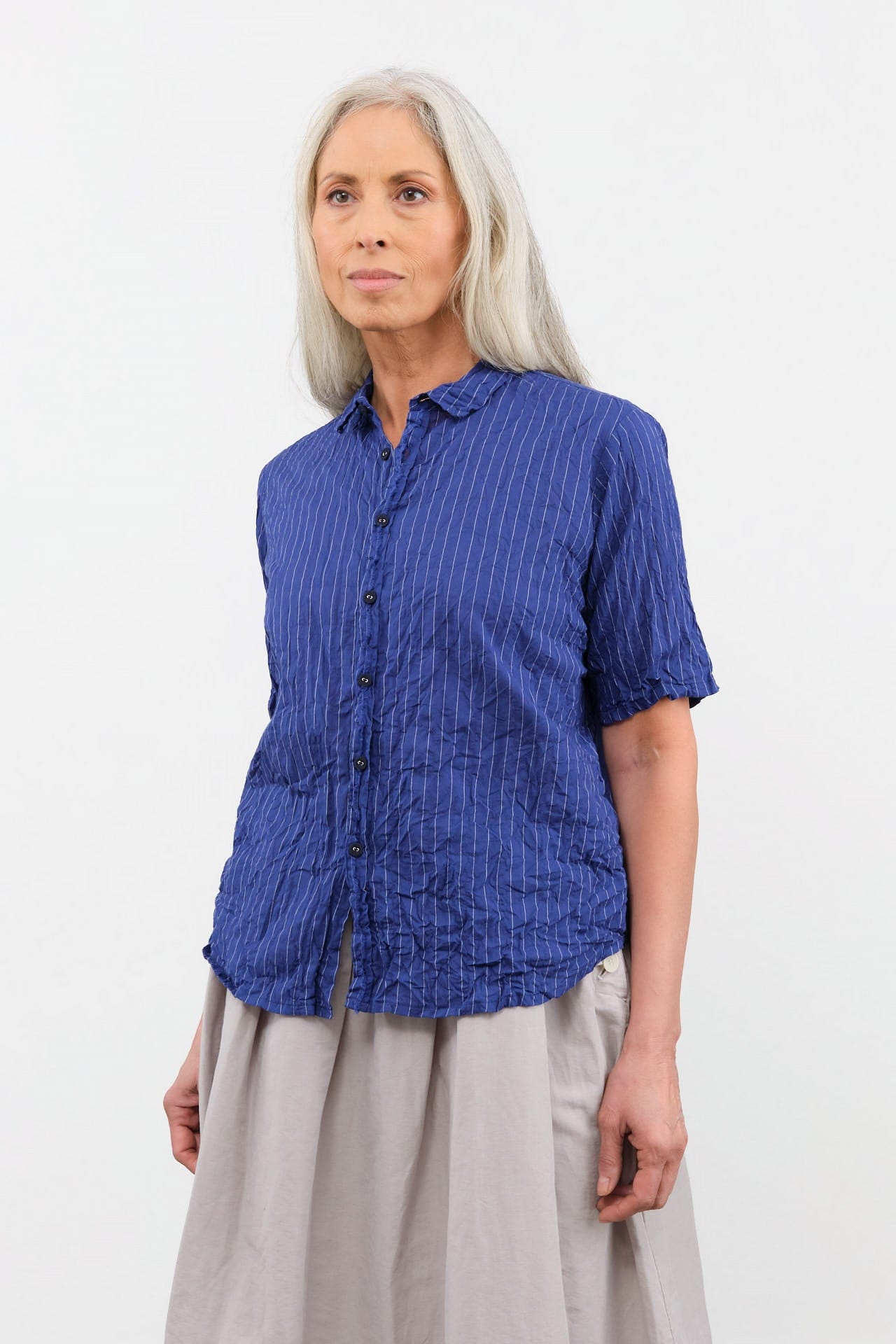 Pas de Calais Apparel Womens Blouses Blue Shirring Stripe Short Sleeve Blouse in Navy