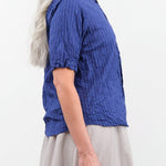 Pas de Calais Apparel Womens Blouses Blue Shirring Stripe Short Sleeve Blouse in Navy