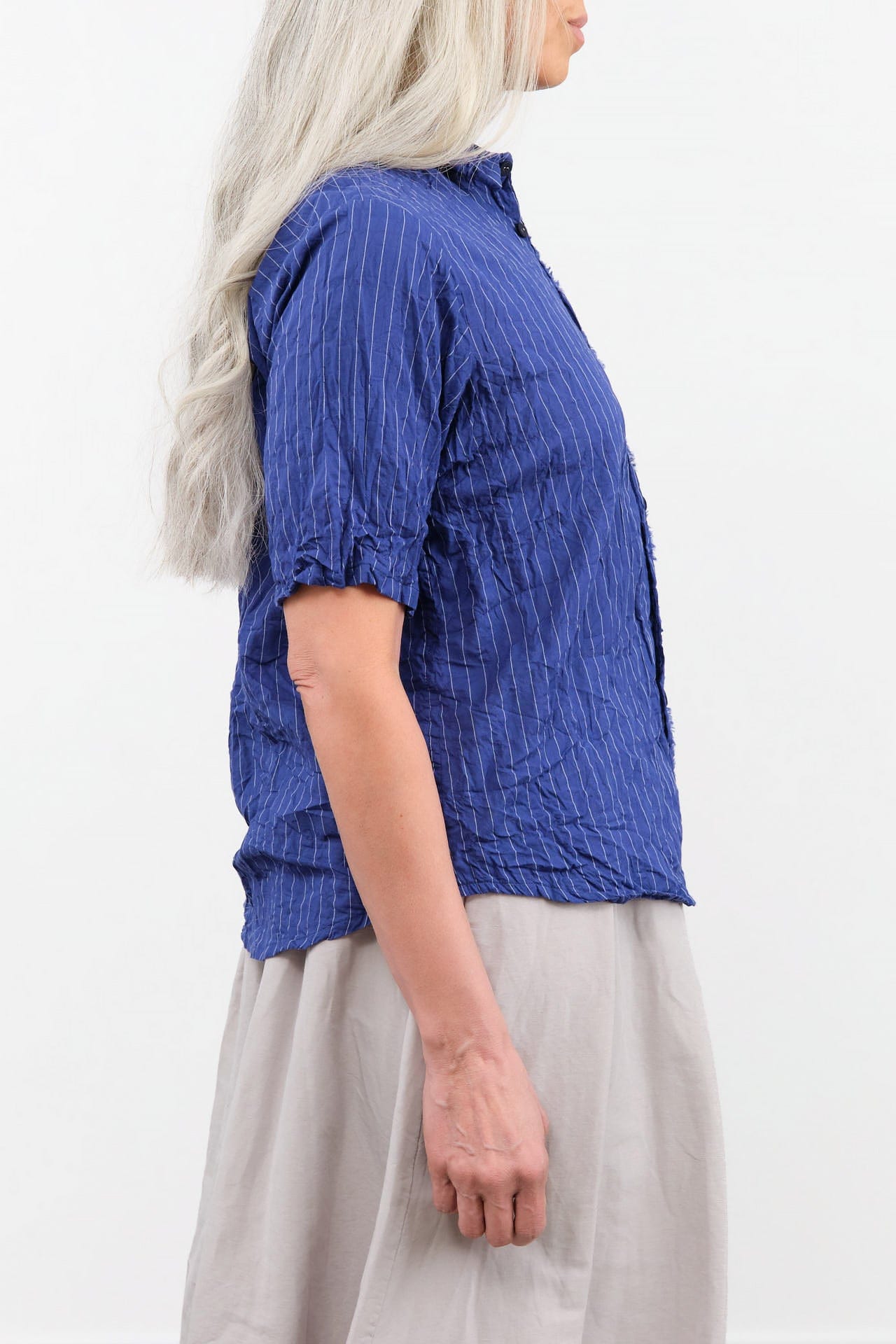 Pas de Calais Apparel Womens Blouses Blue Shirring Stripe Short Sleeve Blouse in Navy