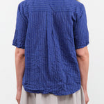 Pas de Calais Apparel Womens Blouses Blue Shirring Stripe Short Sleeve Blouse in Navy