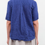 Pas de Calais Apparel Womens Blouses Blue Shirring Stripe Short Sleeve Blouse in Navy